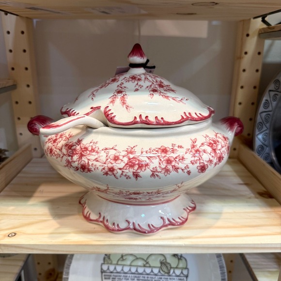 90s Vintage style Cracker Barrel Red & White Fall Porcelain Lidded Soup Tureen - Picture 2 of 8